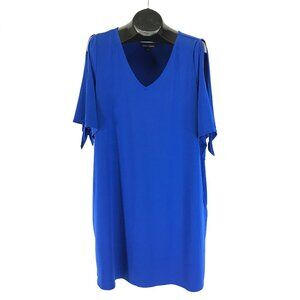 Simon Chang V-Neck Open Sleeve Shift Dress Women's Large Blue Stretch Career
